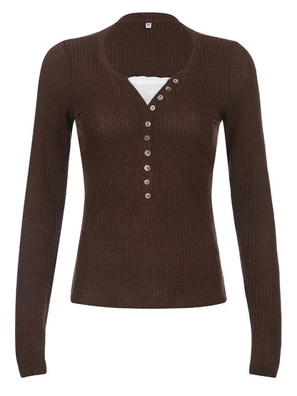 Women's Long Sleeve Top with Ribbed Knit & Button Front | V Neck