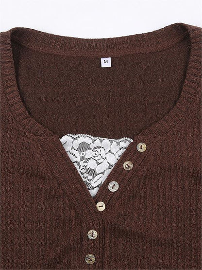 Women's Long Sleeve Top with Ribbed Knit & Button Front | V Neck