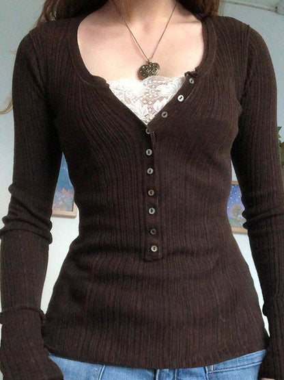 Women's Long Sleeve Top with Ribbed Knit & Button Front | V Neck