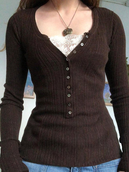 Women's Long Sleeve Top with Ribbed Knit & Button Front | V Neck