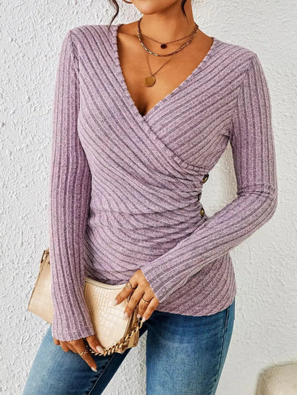 Women's Long Sleeve Tops Wrap V-Neck Ribbed | Ruched