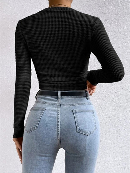 Women's Long Sleeve Tops with Waffle Knit | Crew Neck
