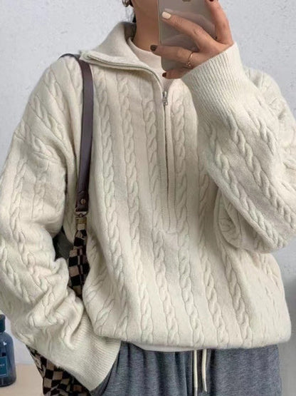 Women's Loose Cable Knit Half-Zip Jumper | Casual
