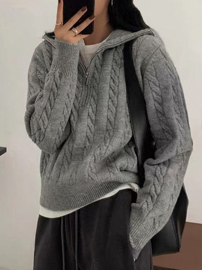 Women's Loose Cable Knit Half-Zip Jumper | Casual