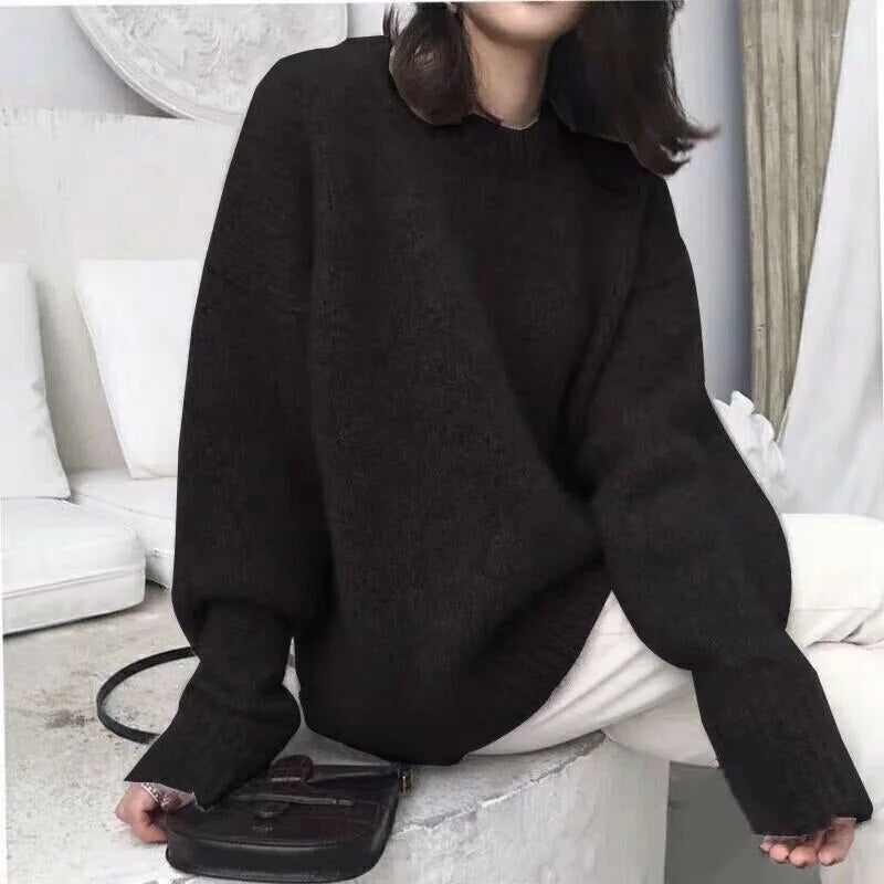 Women's Oversized Fluffy Knit Jumper with Crew Neck | Balloon Sleeves