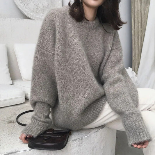Women's Oversized Fluffy Knit Jumper with Crew Neck | Balloon Sleeves
