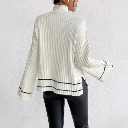 Women's Ribbed Knit Jumper with Contrast Stripe | Flare Sleeves