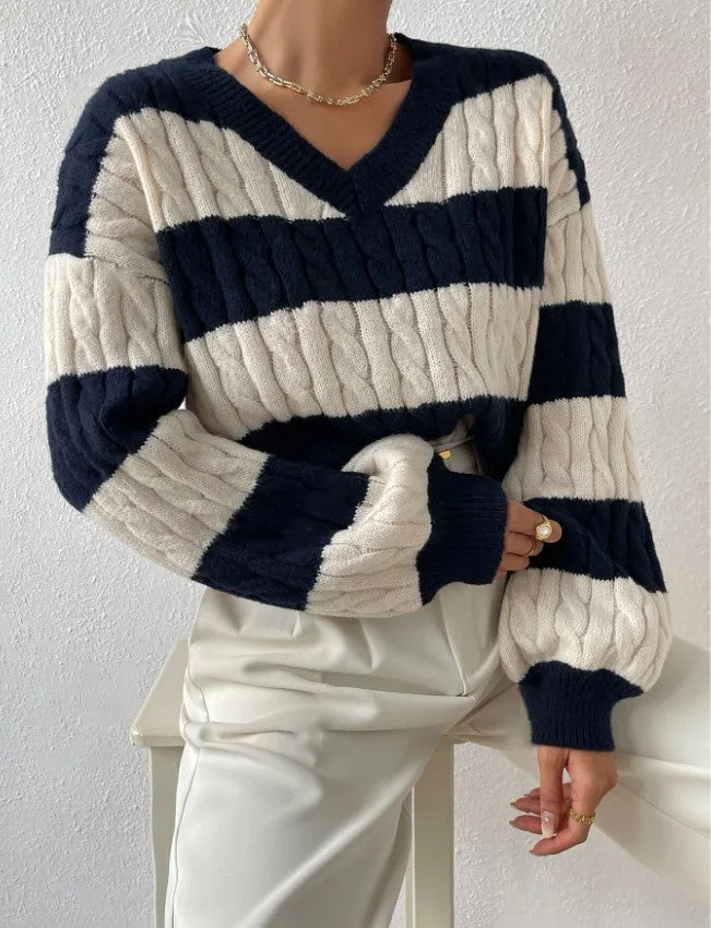 Women's Striped Cable Knit V-Neck Jumper | Balloon Sleeves