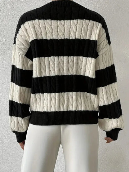Women's Striped Cable Knit V-Neck Jumper | Balloon Sleeves