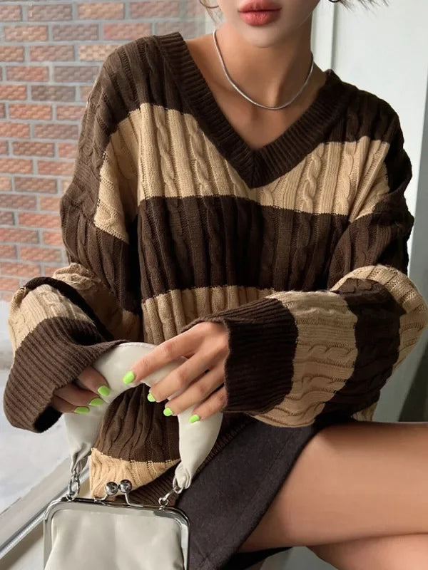 Women's Striped Cable Knit V-Neck Jumper | Balloon Sleeves
