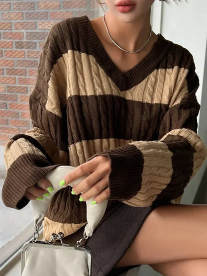 Women's Striped Cable Knit V-Neck Jumper | Balloon Sleeves