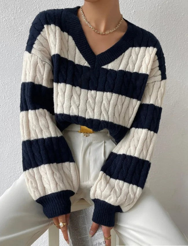 Women's Striped Cable Knit V-Neck Jumper | Balloon Sleeves