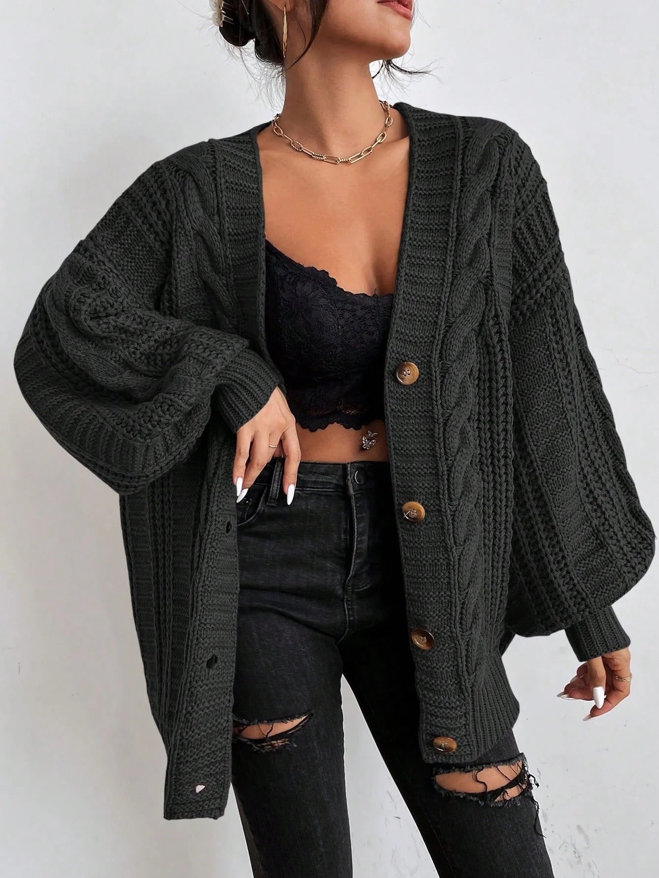 Women's Cardigan with Cable Knit & Button Front | Oversized