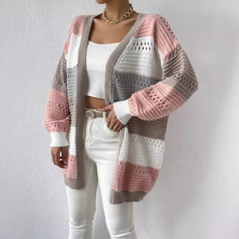 Women's Cardigan with Color Block Knit & Open Front | Long