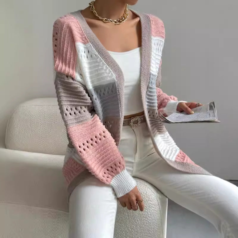 Women's Cardigan with Color Block Knit & Open Front | Long