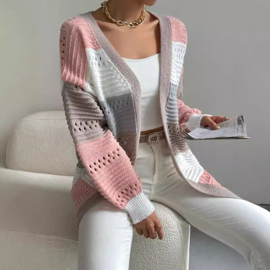 Women's Cardigan with Color Block Knit & Open Front | Long