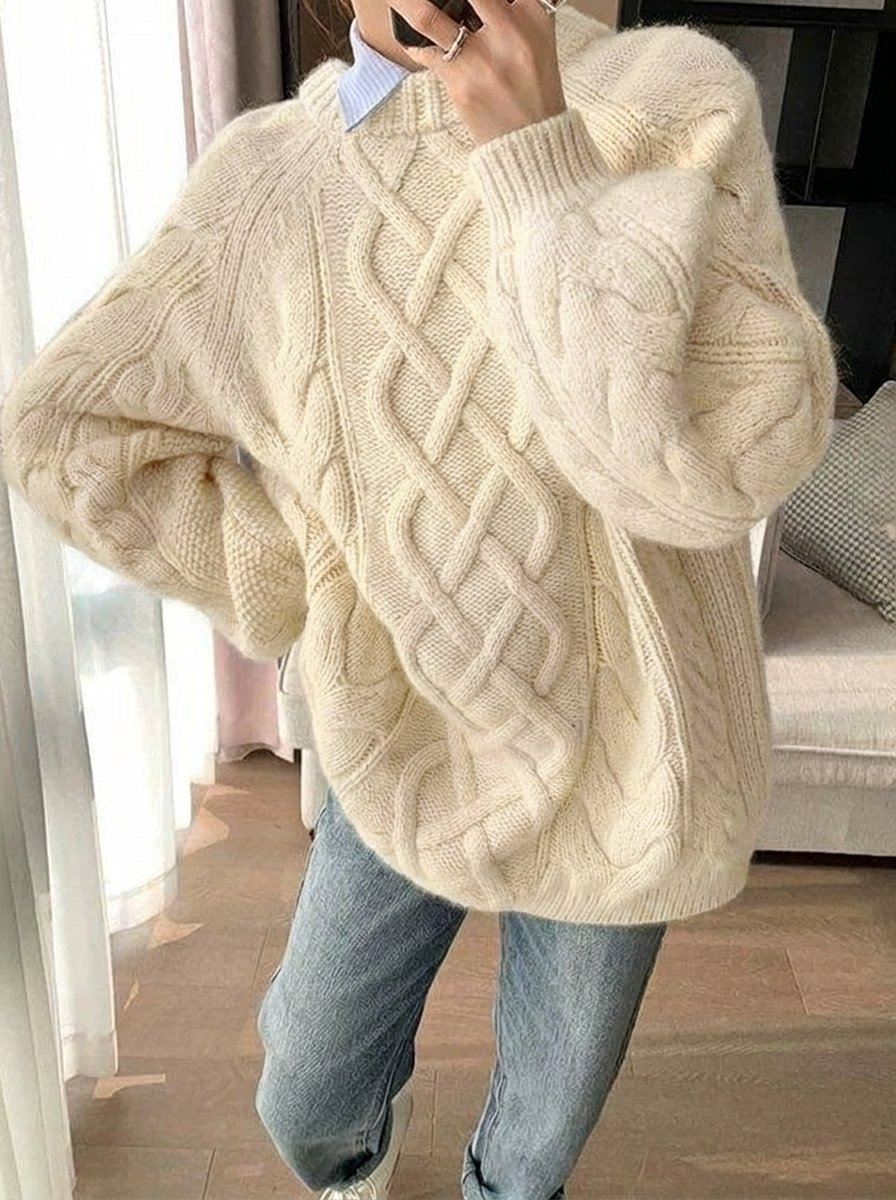 Women's Chunky Cable Knit Jumper with Mock Neck | Oversized