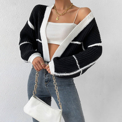 Women's Knit Cardigan with Balloon Sleeves & Open Front | Cropped