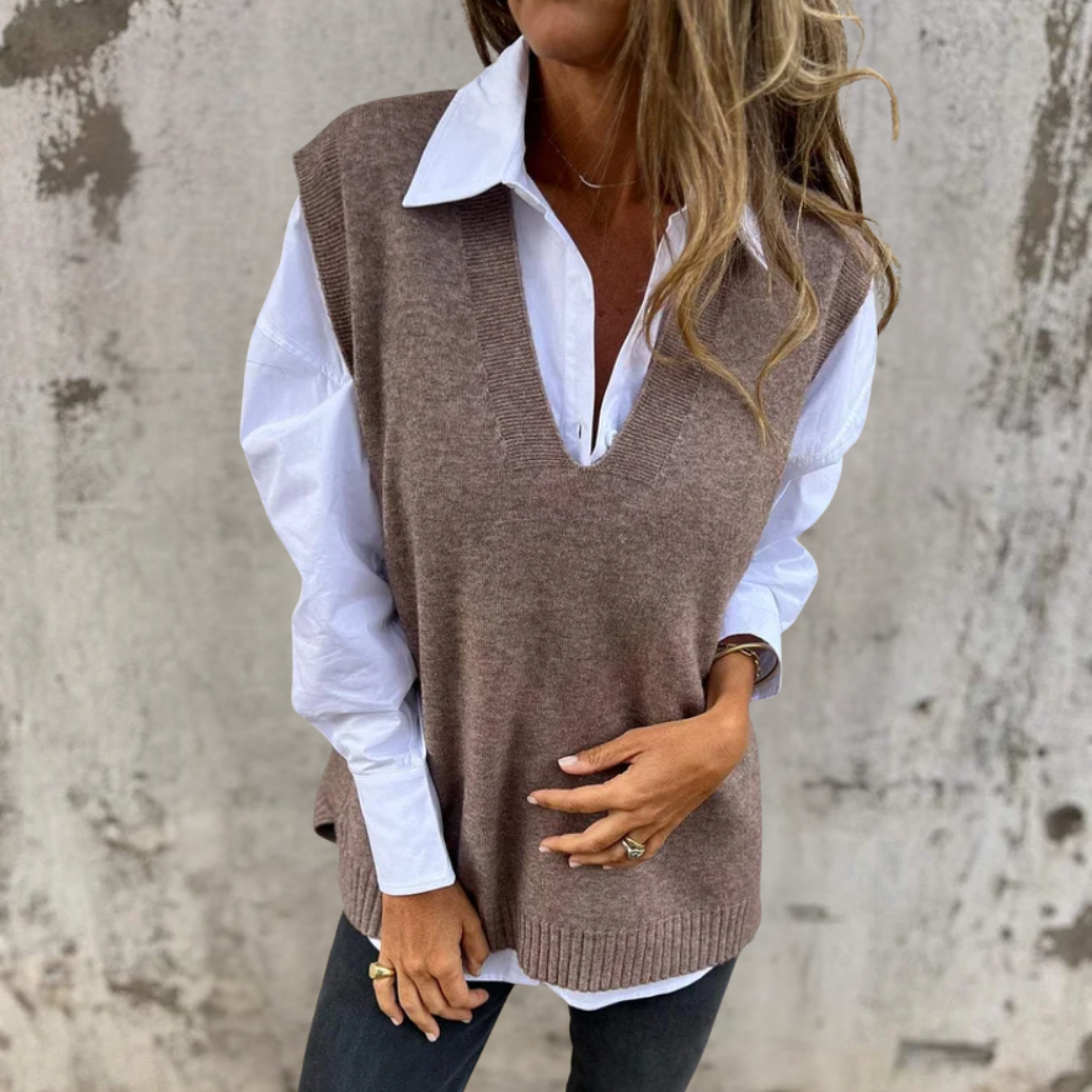 Women's Knitted Vest with Deep V Neck & Ribbed Trim | Oversized