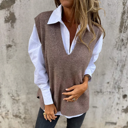 Women's Knitted Vest with Deep V Neck & Ribbed Trim | Oversized
