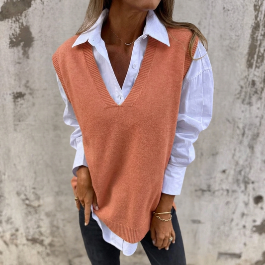 Women's Knitted Vest with Deep V Neck & Ribbed Trim | Oversized