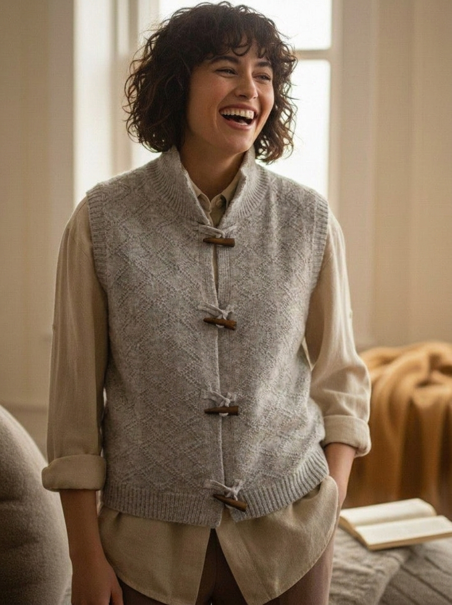 Women's Knitted Vest with Toggle Buttons | Stand Collar