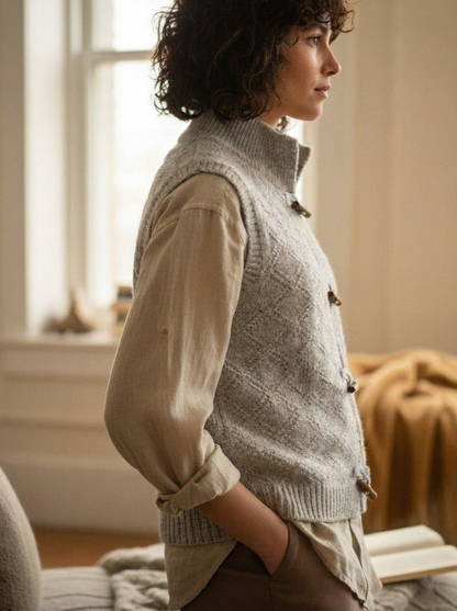 Women's Knitted Vest with Toggle Buttons | Stand Collar