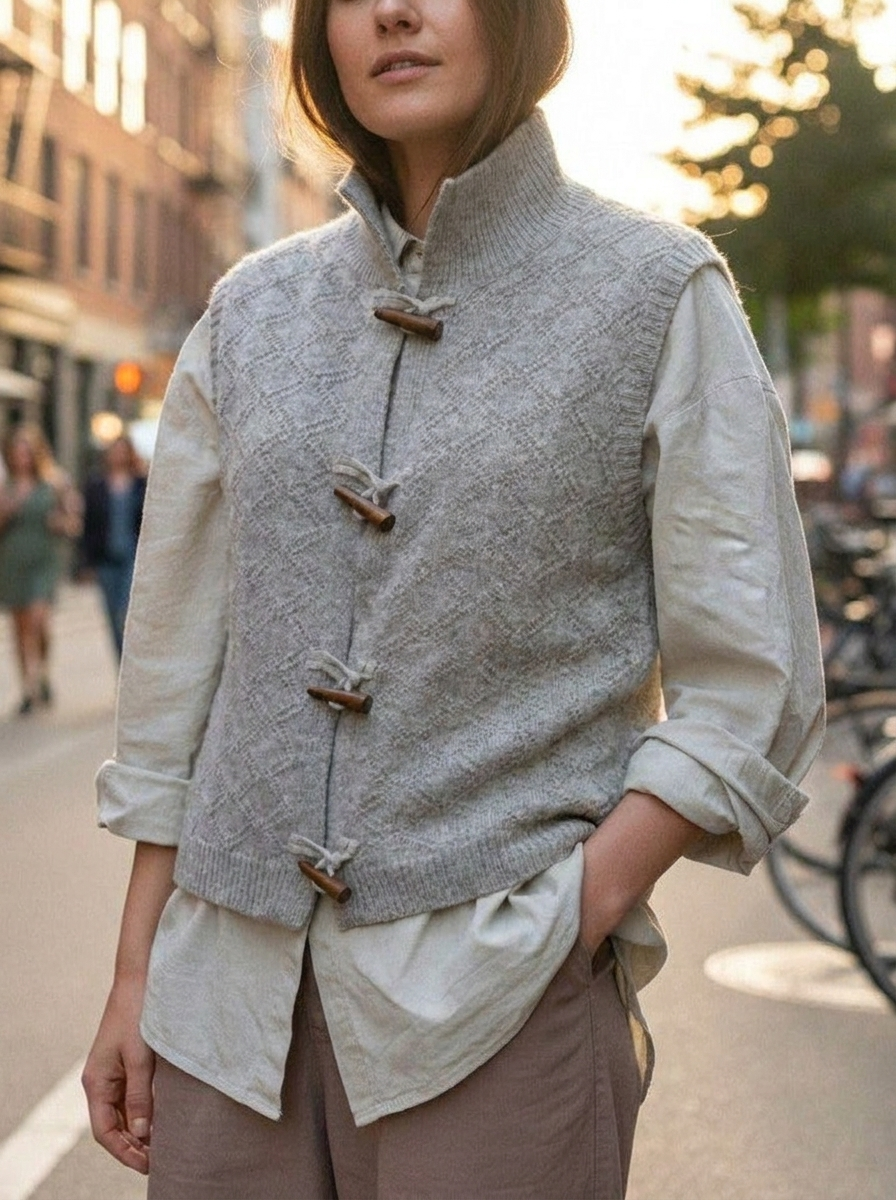 Women's Knitted Vest with Toggle Buttons | Stand Collar