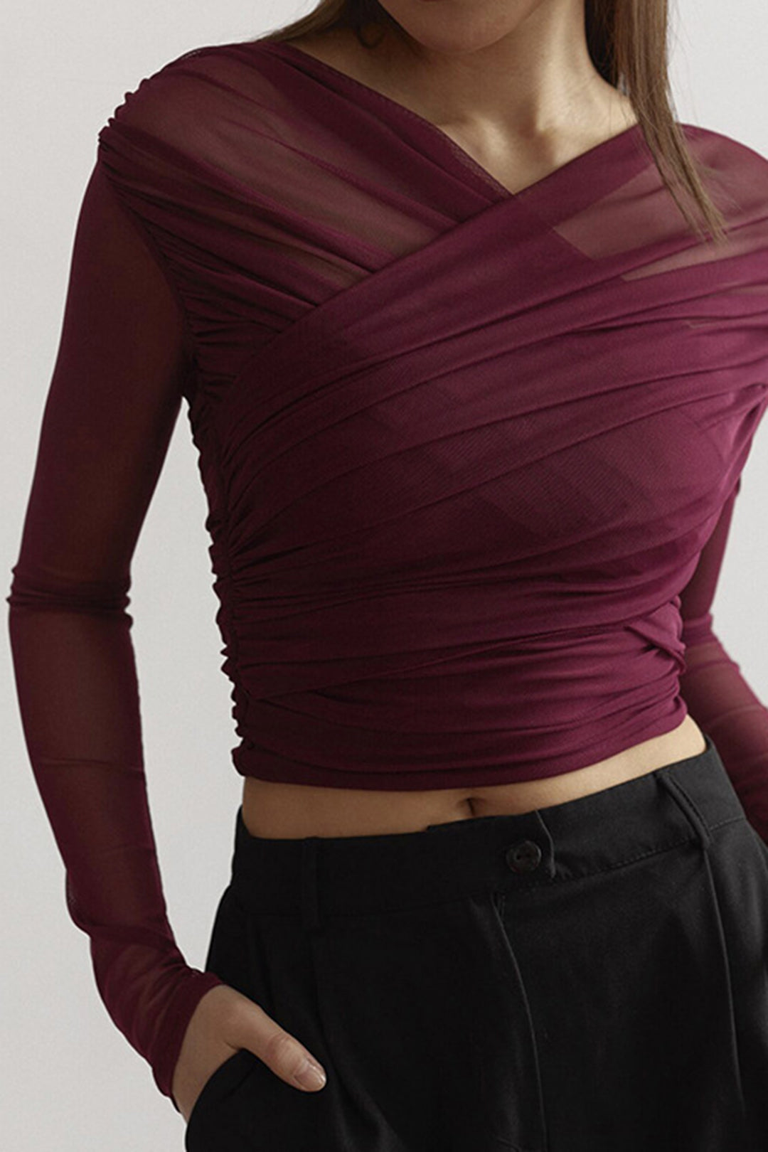 Women's Mesh Long Sleeve Top Ruched Wrap V-Neck | Cropped