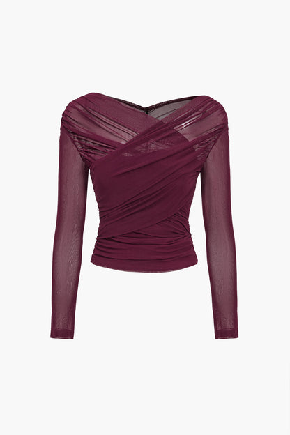 Women's Mesh Long Sleeve Top Ruched Wrap V-Neck | Cropped