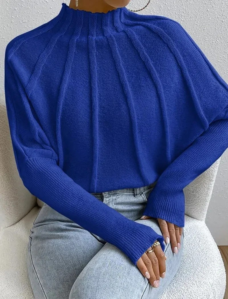 Women's Sunburst Knit Jumper with Mock Neck & Batwing Sleeves | Casual