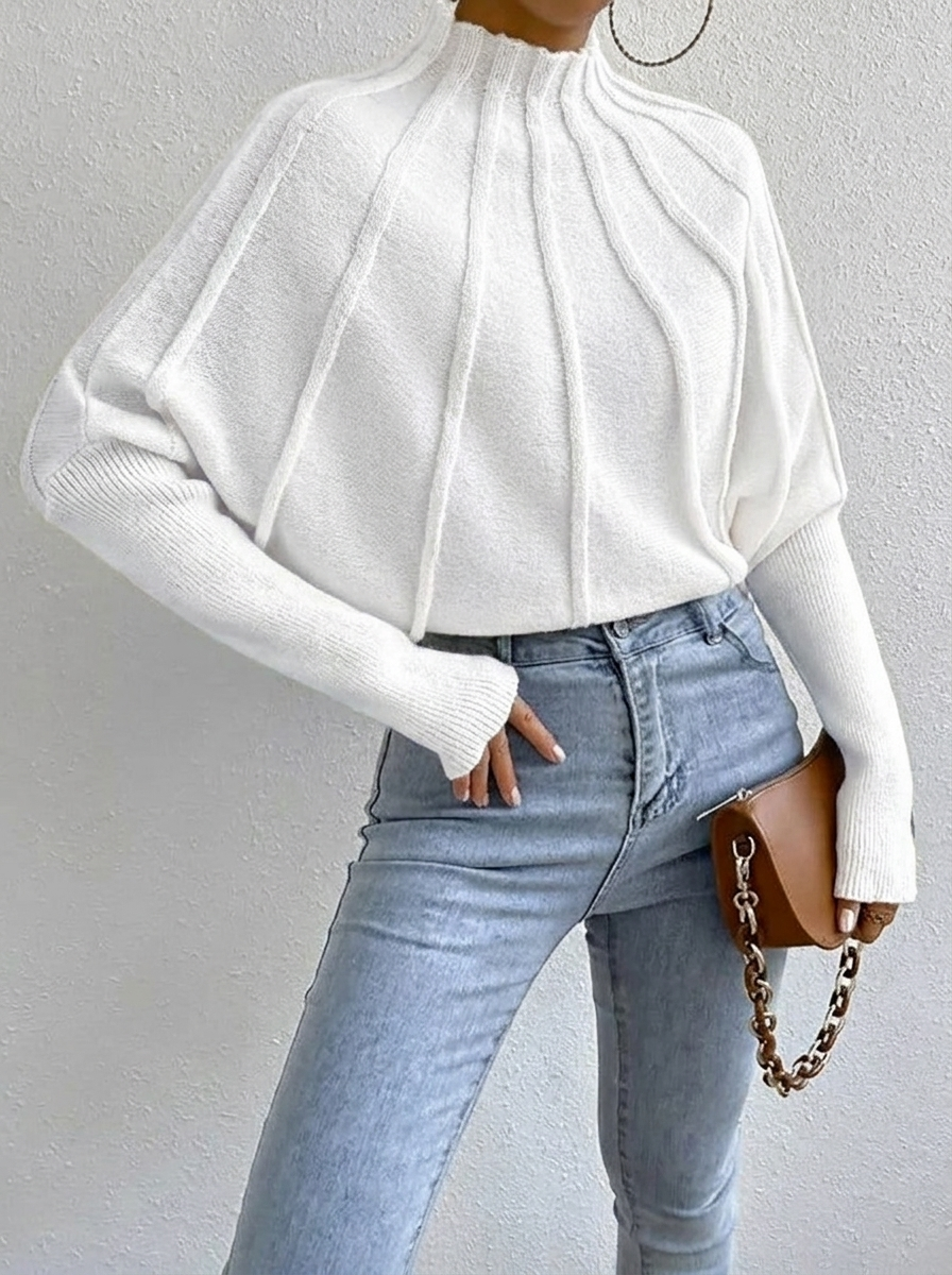 Women's Sunburst Knit Jumper with Mock Neck & Batwing Sleeves | Casual