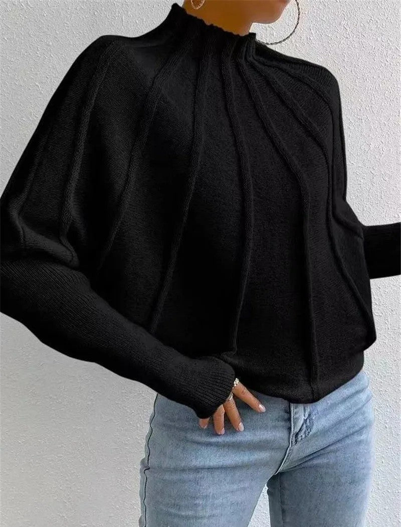 Women's Sunburst Knit Jumper with Mock Neck & Batwing Sleeves | Casual