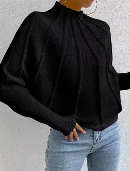 Women's Sunburst Knit Jumper with Mock Neck & Batwing Sleeves | Casual