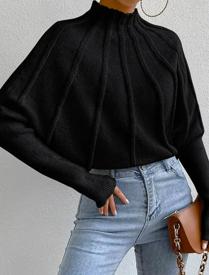 Women's Sunburst Knit Jumper with Mock Neck & Batwing Sleeves | Casual