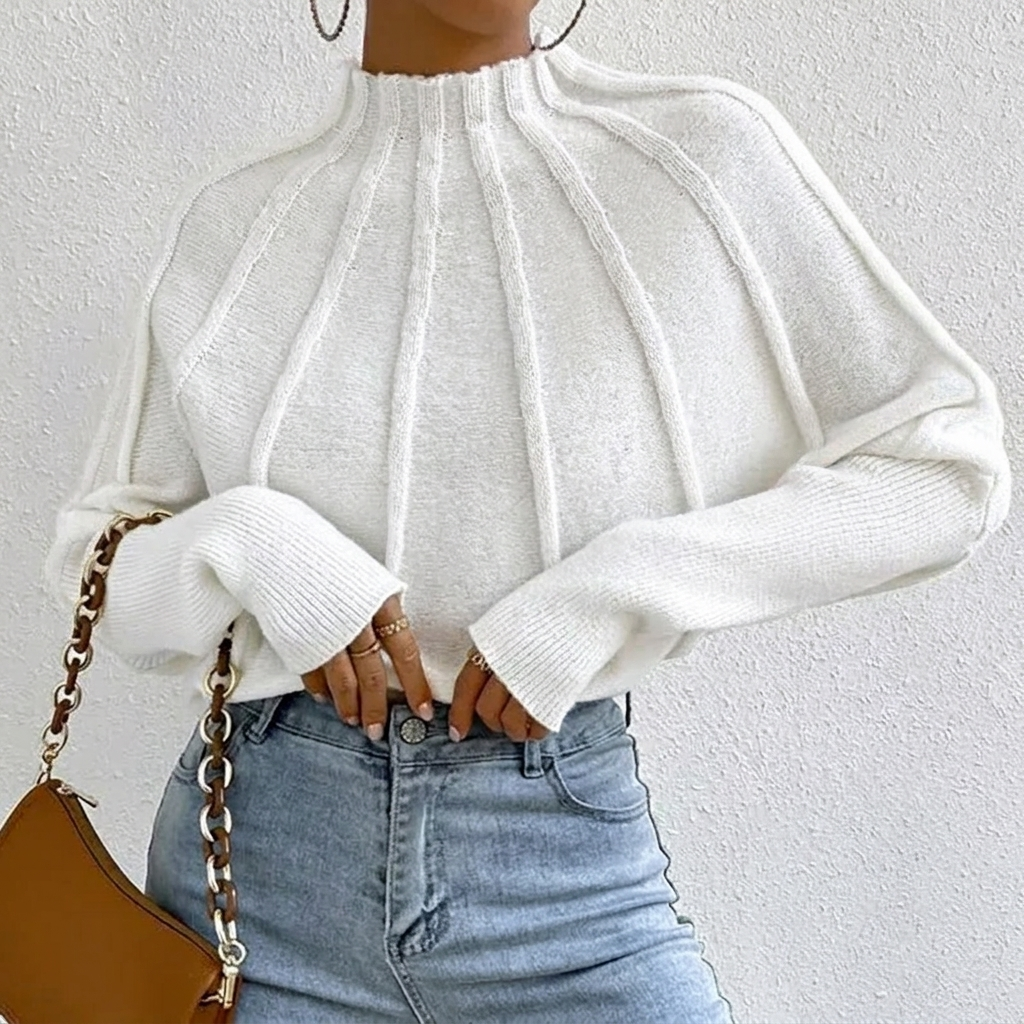 Women's Sunburst Knit Jumper with Mock Neck & Batwing Sleeves | Casual
